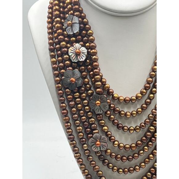 MultiStrand  Chocolate Pearls‎ Brown Copper-colored pearls Pearl Bib necklace - Picture 2 of 14